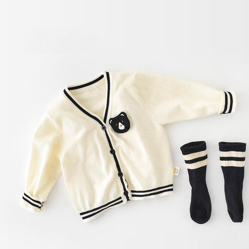 Academic White Bear Knit V-Neck Coat